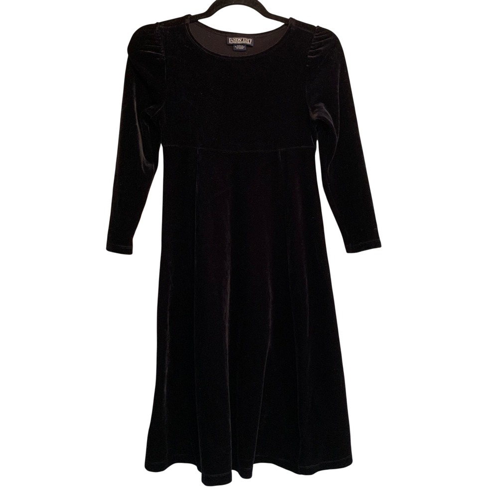 Lands End Velvet Dress Girls 7 Black Empire Waist Long Sleeve A-Line Holiday